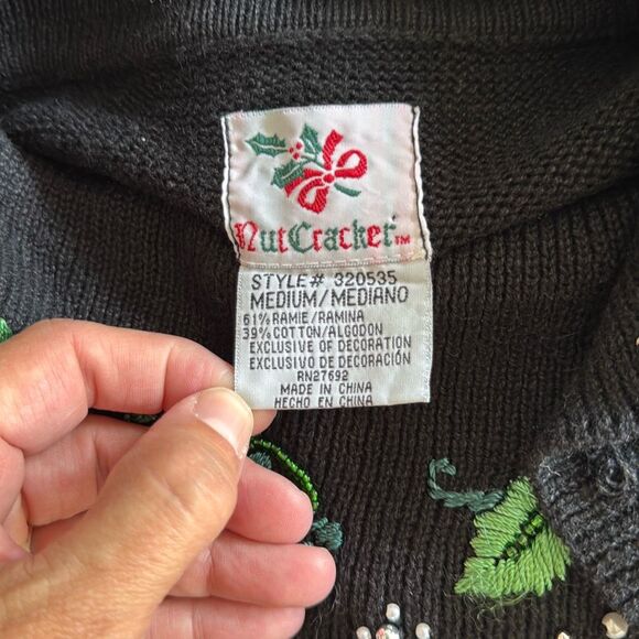 Nutcracker ugly Christmas sweater cowl neck womens size medium beaded bows pine - Picture 5 of 9